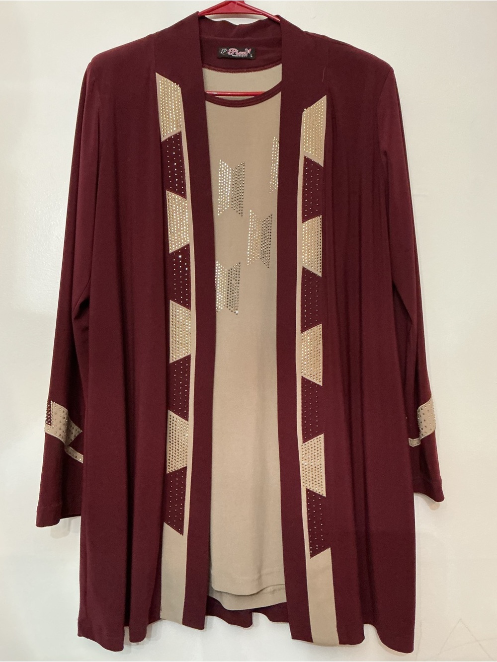 Women's Burgundy and Beige Open-Front Cardigan with Stud Accents; Two Pieces Set